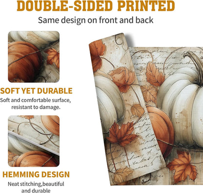Fall Vintage Pumpkin Leaves Placemats Set of 4 Autumn Thanksgiving Harvest Linen Dinner Place Mats 12x18 Burnt Orange and White Rustic Farmhouse Decorative Kitchen Table Mats