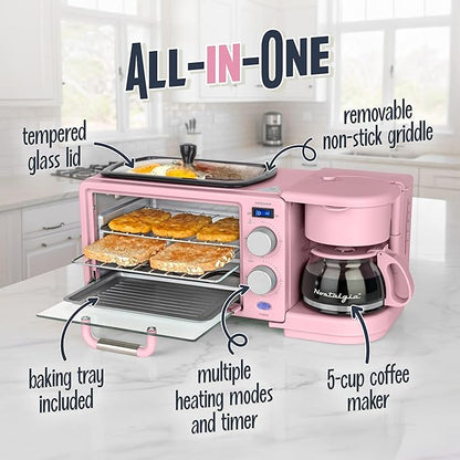 Nostalgia 3-in-1 Retro Breakfast Station - Includes 5 Cup Coffee Maker, Non-Stick Ceramic Griddle, and 4-Slice Toaster Oven - Built-In Timer, Reusable Coffee Filter, Space-Saving Design - Pink