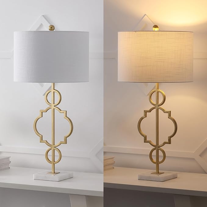 JONATHAN Y 31" Gold Modern Quatrefoil LED Table Lamp, Contemporary Metal Iron Lamp with White Marble Base and Linen Drum Shade for Living Room Bedroom, LED Bulb Included JYL3026A