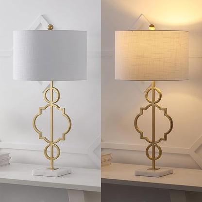JONATHAN Y 31" Gold Modern Quatrefoil LED Table Lamp, Contemporary Metal Iron Lamp with White Marble Base and Linen Drum Shade for Living Room Bedroom, LED Bulb Included JYL3026A