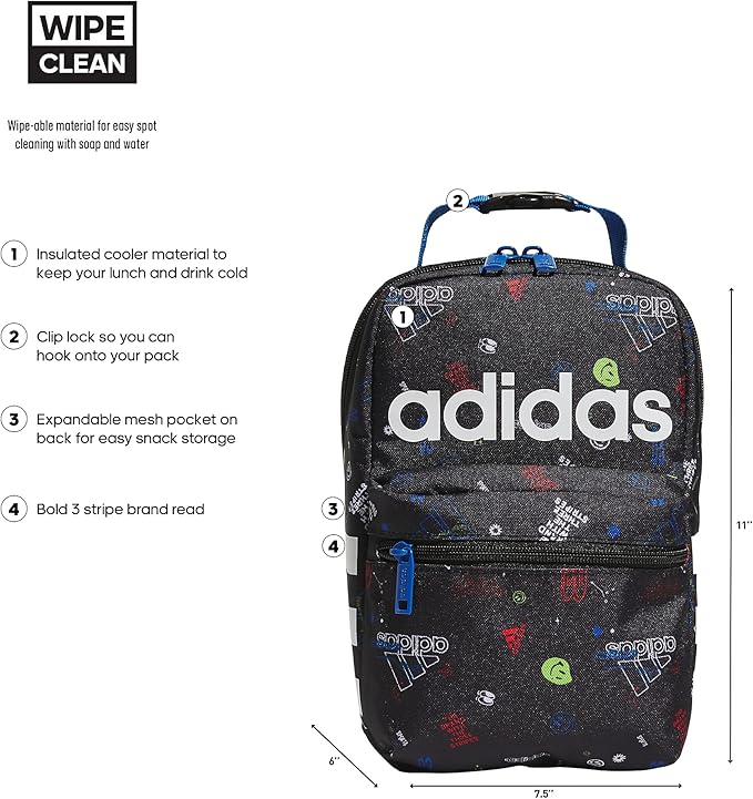 adidas Unisex Santiago Lunch Bag, Insulated School Food Container Box Discontinued, Icon Brand Love Black/Bright Royal Blue/2.0, One Size