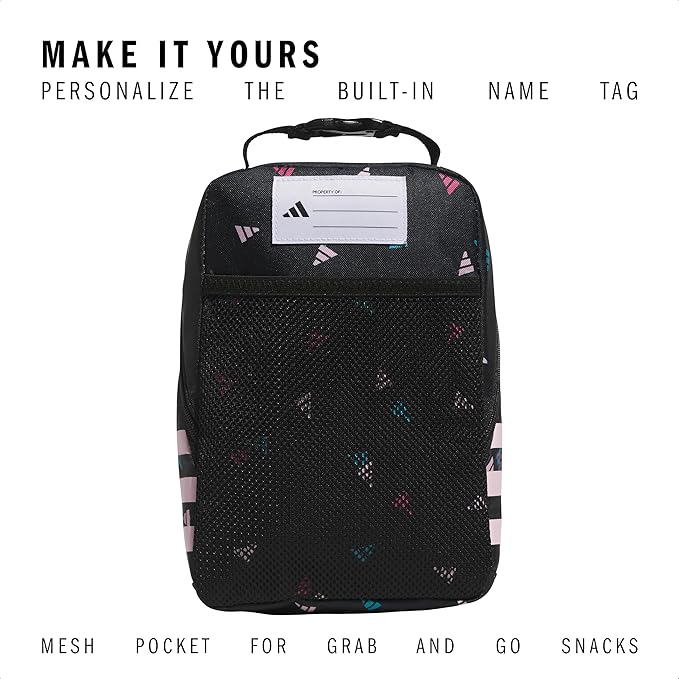 adidas Santiago Lunch Bag Cooler for Women and Men, Insulated Food Container Box with Mesh Pocket, 3 Bar Toss Black-Clear Pink/Black/Clear Pink/3.0, One Size
