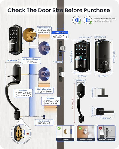 Veise VE027-H Built-in Wi-Fi Fingerprint Smart Deadbolt Lock with Handleset, App Remote & Voice Control, Keyless Entry Front Door Lock Set, Touchscreen Keypad, Auto-Lock, Easy Setup, Matte Black