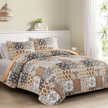 WONGS BEDDING Boho Quilt Set Queen Size, Dark Brown Plaid Patchwork Bedspread Bedding Set Soft Microfiber Quilt for Queen Bed Reversible 3 Pieces Coverlet Set for All Season (96"x90")