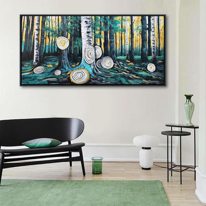 QZQCBLC Large Wall Art Bedroom, Green Tree Yellow Forest Canvas Wall Pictures Modern Abstract Ring Landscape Paintings Artwork for Living room Home Office Artwork Framed Decor 29x58 IN
