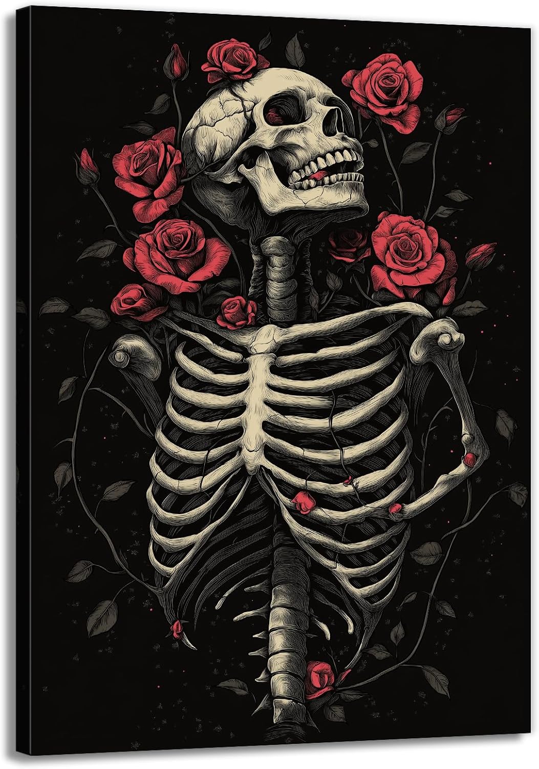 OAAPITI Gothic Skull Wall Art Skeleton and Roses Canvas Pictures Print Vibrant Dark Art Decor for Bedroom Living Room Bathroom(Artwork-6,28"x42")