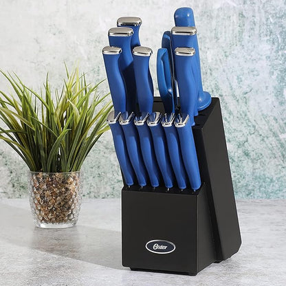 Oster Langmore 15-Piece Stainless Steel Cutlery Knife Block Set with Classic Blue Handles – Full Kitchen Knife Set in Black Storage Box