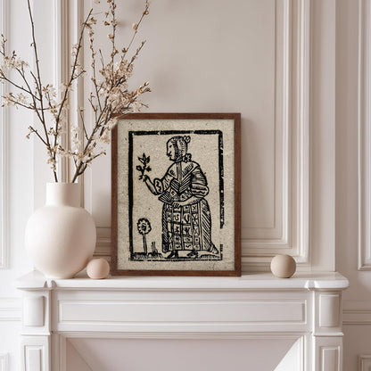 Poster Master Vintage Woodcut Poster - Retro Medieval Print - Gift for Gothic, Horror Fan - Witch Holding a Plant, Magic, Spell, Herbalist - Wall Decor for Bedroom, Dorm, 8x10 Brown Framed