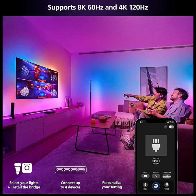 Philips Hue Play HDMI Sync Box 8K, Syncs up to 10 Hue Lights with Video Games, Movies, and Music, Requires Hue Bridge, Supports Dolby Vision HDR10+, Control with Hue App