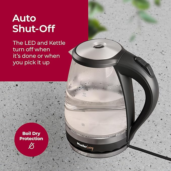 MuellerLiving Glass Kettle 1.5L 1500W LED Light Electric Tea Kettle Automatic Shut-Off with SpeedBoil Tech and Boil-Dry Protection (Pack of 2)