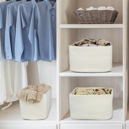 Cotton Rope storage Basket Bins Woven Basket for Organizing Shelves Rectangle Decorative Baskets For storage Clothes Toys Books Towels Square Wicker Nursery basket organizer 3 pack white