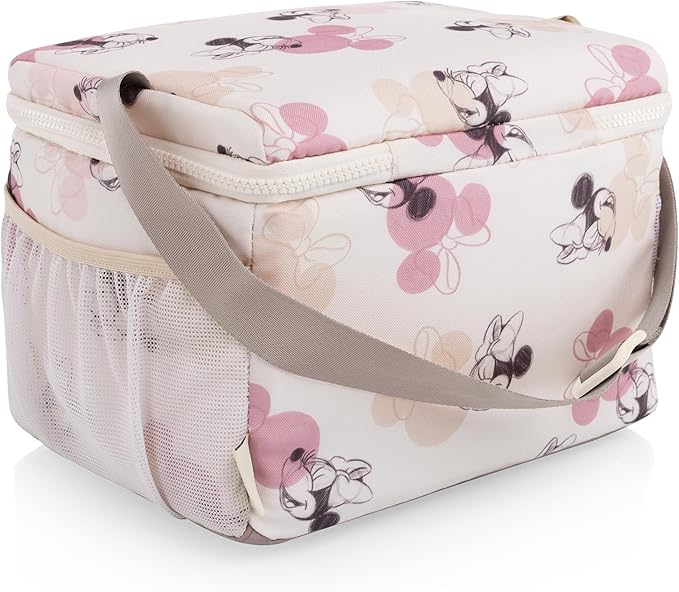 PICNIC TIME Disney Minnie Mouse Modern Lunch Cooler and Insulated Lunch Tote, Compact Lunch Bag with Adjustable Strap and Ice Pack Pocket, (Beige with Vintage Pink Sketch)