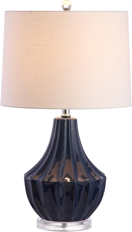 JONATHAN Y 24.5" Navy Blue Ceramic Table Lamp for Bedroom, Modern Bedside Desk Lamp, White Linen Drum Shade, Fluted Gourd for Living Room, LED Bulb Included JYL8018A