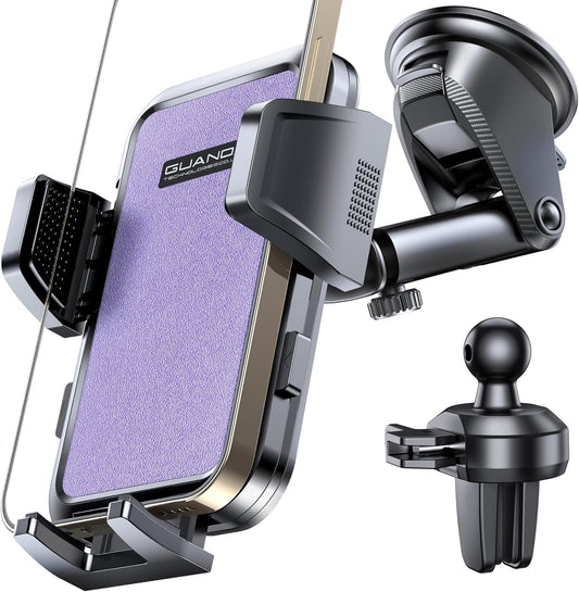 [2025 New] Dashboard Phone Holders for Your Car (+Air Vent Clip) [Military Grade Stable] , Car Cell Phone Holder, Rotatable Suction Cup Car Phone Mount for All Phone (Light Purple)