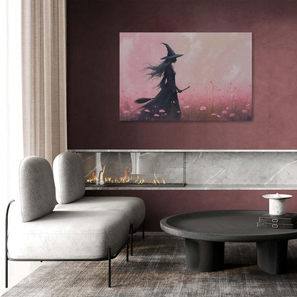 JFHCQJPK Witch in the pink sea of flowers Halloween prints weird flowers wall art silhouette painting fashionable romantic decoration suitable for bedroom12x16in Frameless