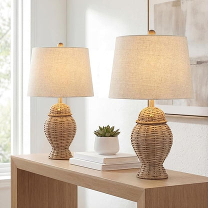 JONATHAN Y 20.5" Natural Wicker Table Lamp Set of 2, Bohemian Rustic Farmhouse Bedside Lamps for Living Room, Nightstand Desk Lamps with Beige Linen Shade, LED Bulbs Included JYL4041A-SET2