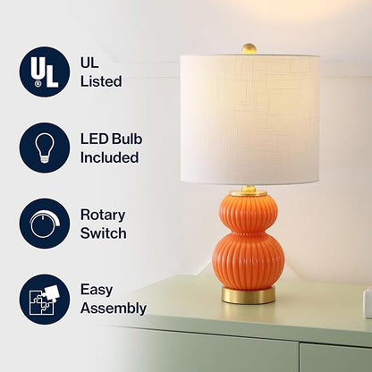 JONATHAN Y 20" Orange/Brass Gold Ribbed Gourd Glass Table Lamp, Modern Bedside Lamp for Bedroom Living Room, White Linen Drum Shade, LED Bulb Included (JYL1099E)