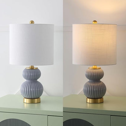 JONATHAN Y 20" Gray/Brass Gold Ribbed Gourd Glass Table Lamp, Modern Bedside Lamp for Bedroom Living Room, White Linen Drum Shade, LED Bulb Included (JYL1099C)