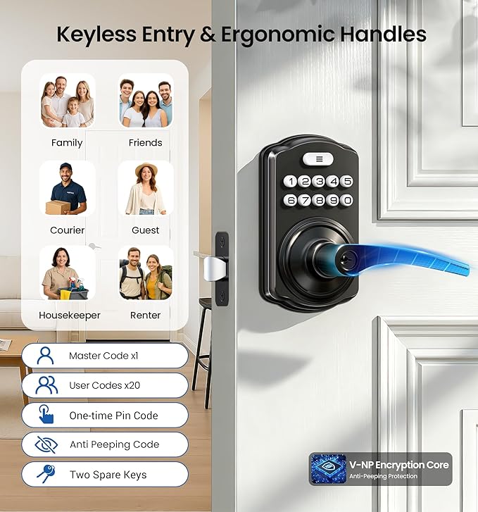 Veise Keypad Door Lock with Handle, Keyless Entry for Front Door & Bedroom, Electronic Lock with Code, Auto-Locking, Easy Installation, Passage Mode, Matte Black