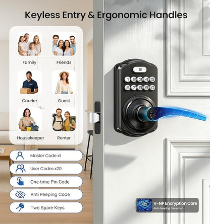 Veise Keypad Door Lock with Handle, Keyless Entry for Front Door & Bedroom, Electronic Lock with Code, Auto-Locking, Easy Installation, Passage Mode, Matte Black