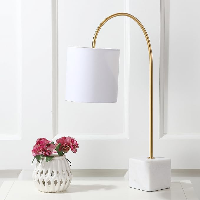 JONATHAN Y 25" Marble and Brass Gold Modern Arched Table Lamp, Contemporary Iron Desk Lamp with White Linen Drum Shade for Bedroom Living Room, LED Bulb Included JYL5023A