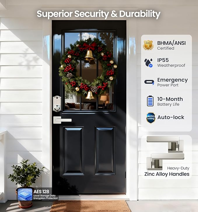 Veise VE017-B Fingerprint Smart Lock for Front Door, App Control, 8-in-1 Keyless Entry Deadbolt with 2 Zinc Alloy Lever Handles Set, Emergency Power Port, Auto Lock, Electronic Keypad, Satin Nickel