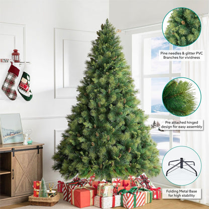 Naomi Home Vail 7.5ft Prelit Artificial Christmas Tree with Pine Cones, Foot Pedal, 1556 Branch Tips, 750 Warm Lights and Metal Stand, 61" Wide Realistic Traditional Christmas Tree with Lights