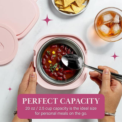 Paris Hilton Electric Lunch Warmer, 20-Ounce Stainless Steel Portable Food Container With Sealing Lid, Removable 2.5-Cup Inner Dish, “That’s Hot” Front Decal, Pink