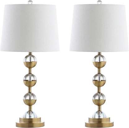 JONATHAN Y 27.5" Clear/Brass Gold Crystal LED Table Lamp Set of 2 for Bedroom, Modern Stacked Sphere Lamps for Living Room, White Linen Drum Shade, LED Bulbs Included JYL2049A-SET2