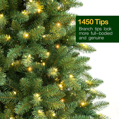 Hykolity 7.5 ft Prelit Christmas Tree, Artificial Christmas Tree with 450 Warm White Lights, 1450 Branch Tips, Metal Stand and Hinged Branches