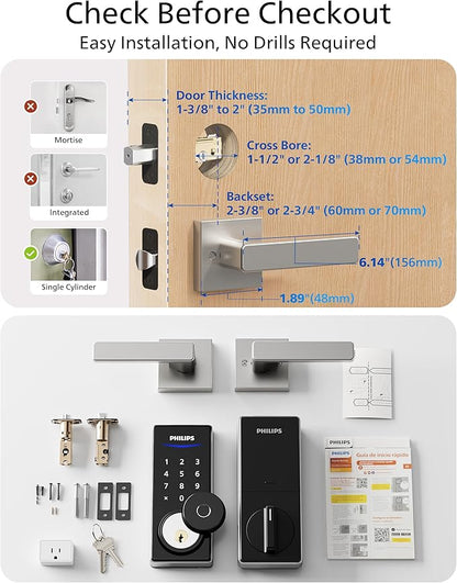 Philips WiFi Smart Lock with Handle, Fingerprint Keyless Entry Door Lock with WiFi Bridge, Smart Locks for Front Door with Handle Set, APP Remote Control, Work with Alexa&Google Assistant, Auto-Lock