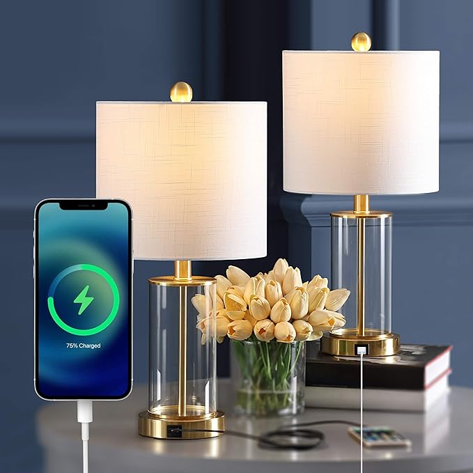 JONATHAN Y 21" Brass Gold Modern Glass Table Lamp Set of 2, Bedside Nightstand Lamps with USB Charging Port, White Linen Shade, LED Bulbs Included (JYL8500B-SET2)