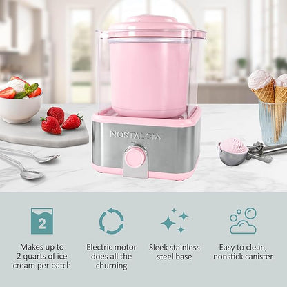 Nostalgia Electric Ice Cream Maker with 2-Qt Double Insulated Gel Canister & Stainless Steel Base - Makes Sorbet, Soft Serve, and Frozen Yogurt - Pink
