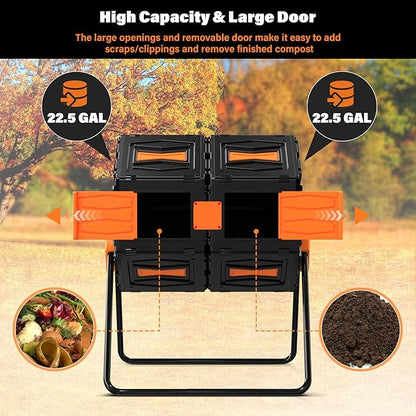 Compost Tumbler, Easy Assemble & Efficient Outdoor Compost Bin, 45 Gallon/170 Liter Large Dual Chamber Rotating Composter for Garden, Kitchen, and Yard Waste, Orange Door