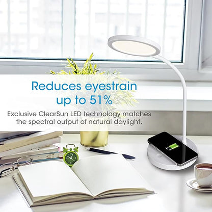 OttLite Good Housekeeping Circular LED Desk Lamp with Wireless Charging - Designed to Reduce Eyestrain - Adjustable Neck Desk Lamp for College Dorm Room, Crafting, Reading, 3 Color Modes
