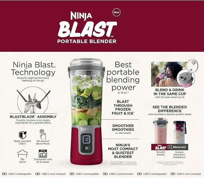 Ninja Blast 16 oz. Personal Portable Blender with Leak Proof Lid and Easy Sip Spout, Perfect for Smoothies, Cordless, USB-C Rechargeable, Dishwasher Safe Parts (Renewed) (Cranberry Red)