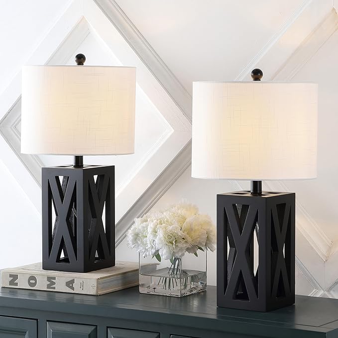 JONATHAN Y 21.5" Black Farmhouse Wood Table Lamp for Bedside and Living Room, White Linen Drum Shade, Rustic Modern Desk Lamp for Bedroom, LED Bulb Included (JYL1062C-SET2)