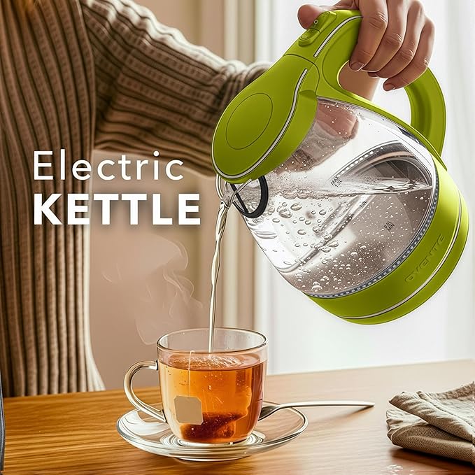 OVENTE Electric Kettle, 1.5L Borosilicate Glass Countertop Water Heater and Boiler for Coffee or Tea, BPA-Free, Auto Shut-Off,  Boil-Dry Protection, Removable and Washable Spout Filter, Green KG83G