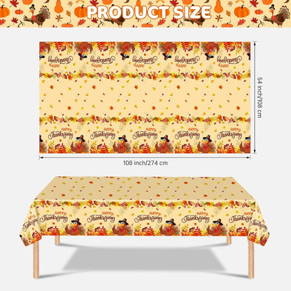 2 Pack Happy Thanksgiving Tablecloth - Fall Thanksgiving Turkey Table cloths, Disposable Plastic Rectangle Autumn Pumpkin Maple Leaf Table Cover for Thanks Giving Tables Decor Party Supplies,108x54In