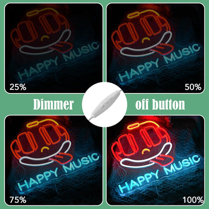 Headphone Neon Sign Dimmable Led Happy Music Neon Light for Wall Decor USB Cute Headset Figure Neon Light Sign for Music Studio Bar Live Music Party Bedroom