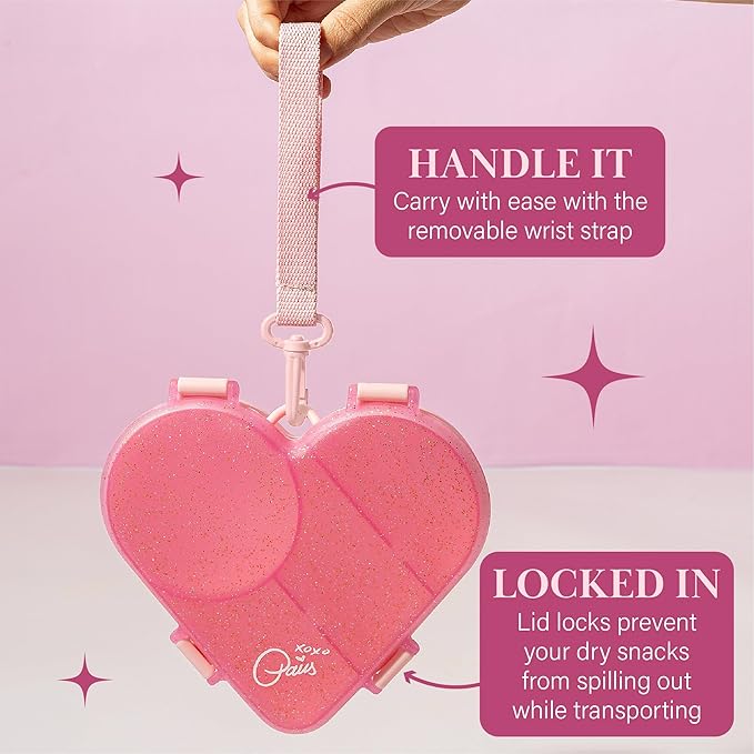 Paris Hilton Bento-Style Heart-Shaped Snack Box Set, Customizable 4-Compartment Containers with Removable Dividers, Built-In Phone Stand & Removeable Wrist Strap, 2-Pack, Pink
