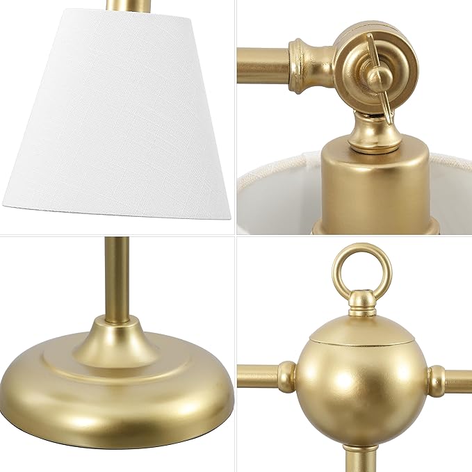 JONATHAN Y 31" Gold 2-Light Contemporary Farmhouse Adjustable Iron Library LED Table Lamp, White Linen Shades for Living Room Office Sideboard, LED Bulbs Included JYL3074A