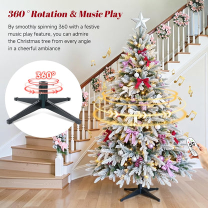 7.5FT Snow Flocked Pre-Lit Christmas Tree with 360° Rotating Base, 1470 PE/PVC Tips, 470 LED Lights, 8 Modes, Dimmable and Timer Functions, Musical Artificial Xmas Tree for Holiday Decor