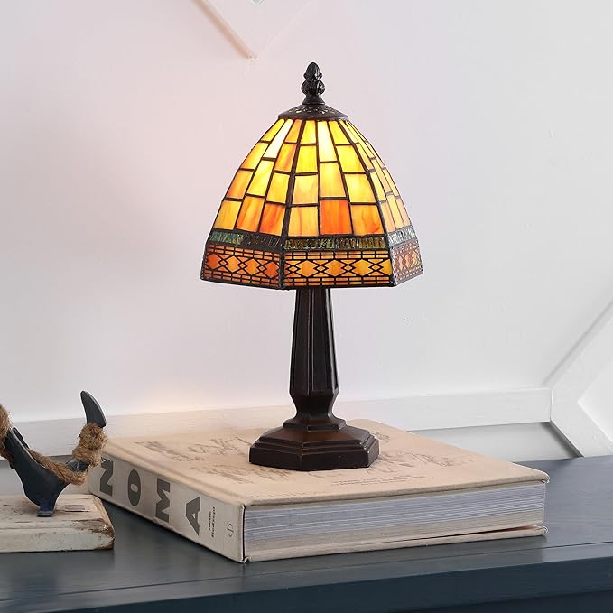 JONATHAN Y 12" Red/Yellow Tiffany-Style Table Lamp for Bedroom Nightstand Decor, Ivory Cream Stained Glass Shade, Small Vintage Handcrafted LED Traditional Bedside Lamp (JYL8016B)
