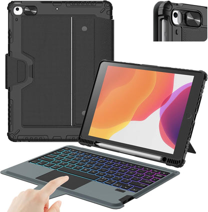 Nillkin iPad 9th Generation (10.2", 2021) Case with Detachable Keyboard, Magic Trackpad, 7-Colors Backlit, Portrait/Landscape Modes, Rugged Keyboard Case with Camera Cover for iPad 8th/7th Gen, Black