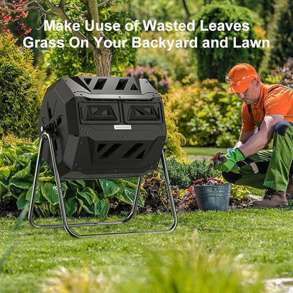 Compost Tumbler Bin Composter Dual Chamber 43 Gallon (Bundled with Pearson's Gardening Gloves)