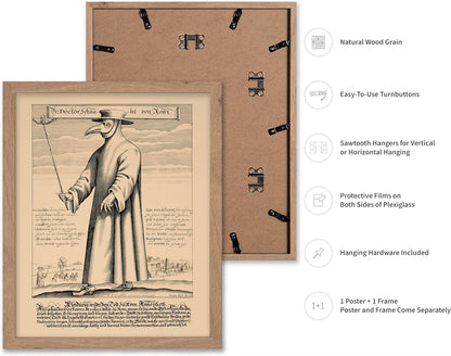 Poster Master Vintage Medieval Poster - Retro Illustration Print - Gift for Friend - Plague Doctor, Pandemic Mask, Physician, Black Death - Wall Decor for Home, Living Room, 8x10 Beige Framed