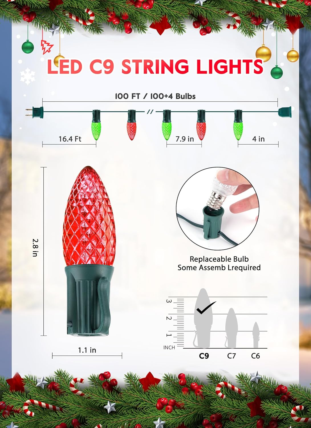 Minetom C9 Christmas String Lights, 100 Ft LED Commercial Outdoor Christmas Lights with 100 Red and Green C9 Bulbs, Waterproof Connectable UL Certified for Indoor Roofline Backyard Xmas Decor