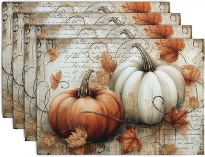 Fall Vintage Pumpkin Leaves Placemats Set of 4 Autumn Thanksgiving Harvest Linen Dinner Place Mats 12x18 Burnt Orange and White Rustic Farmhouse Decorative Kitchen Table Mats