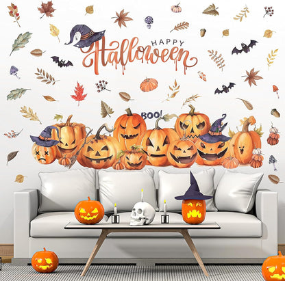clothmile 38.18 x 36.15 Inch Halloween Wall Decals Halloween Pumpkins Bat Leaves Wall Stickers Removable Halloween Peel and Stick Sticker for Halloween Party Supplies Home Window Decor